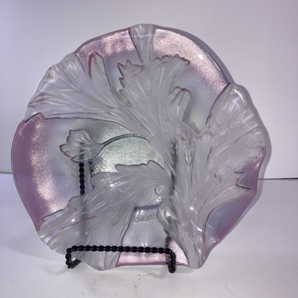 MCM Art Nouveau Glass Dish w/ Frosted Floral Design and Pink & Green Tints